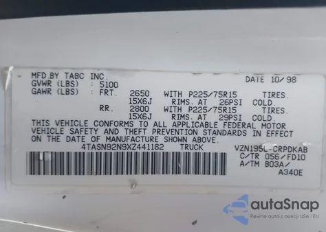 1999 Toyota Tacoma Prerunner V6 из США, поврежденный, VIN 4TASN92N9XZ441182